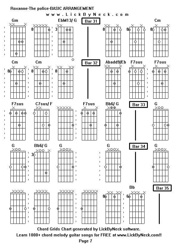 Chord Grids Chart of chord melody fingerstyle guitar song-Roxanne-The police-BASIC ARRANGEMENT,generated by LickByNeck software.